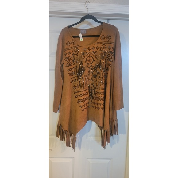 Vocal Tops - Vocal Women's Tan Faux Fringe Western Top, Lightweight, Long Sleeve, XLarge USA